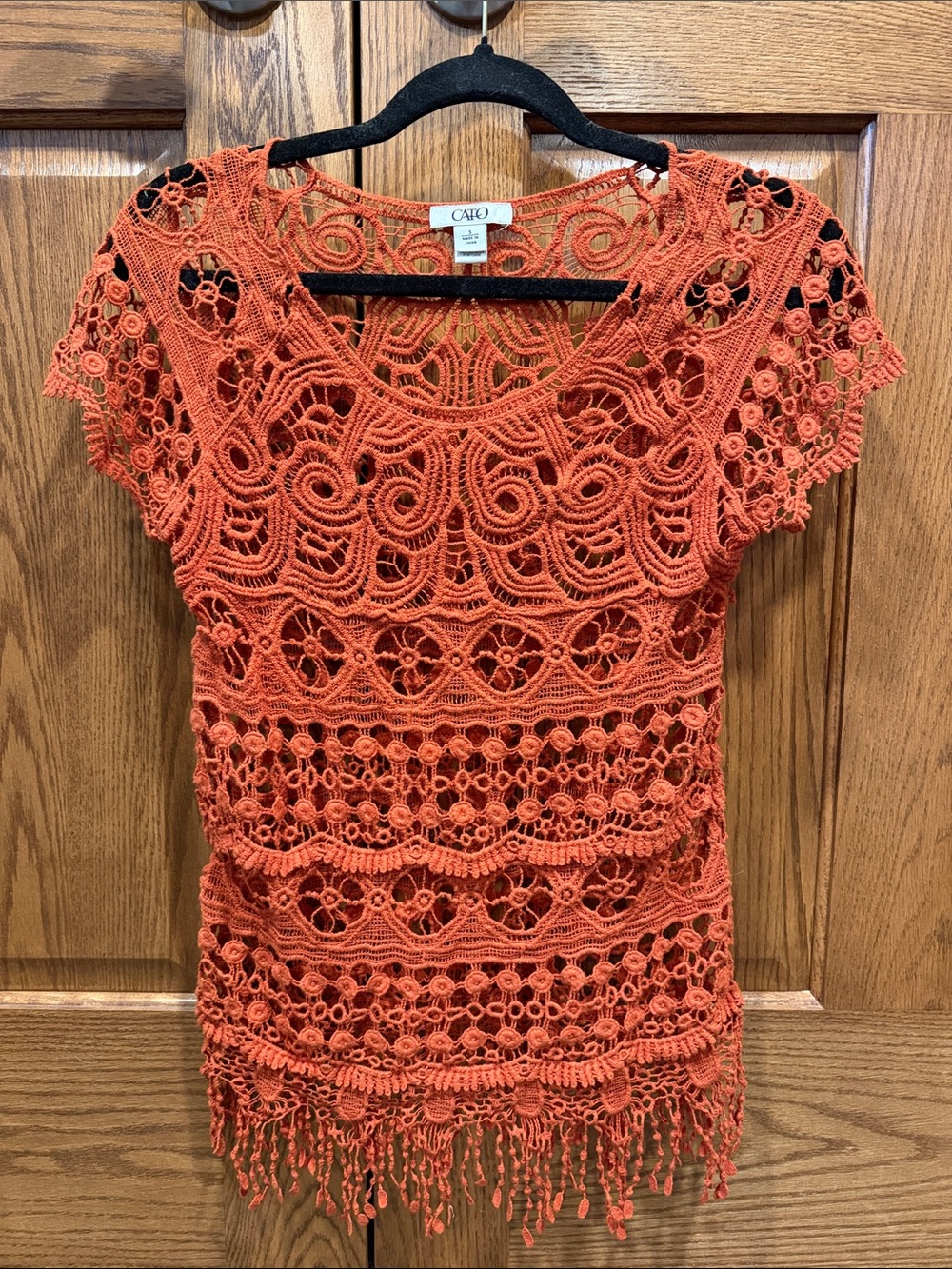 Cato Orange Crochet Fringe Short Sleeve size Small